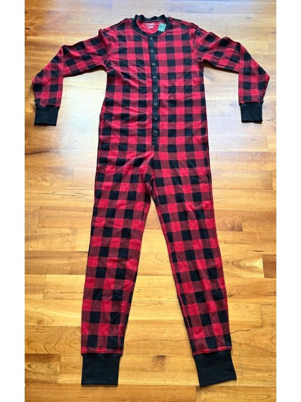 L.L. Bean Mens Plaid Onepiece Pajamas With Button Front & Cuffs Christmas Medium